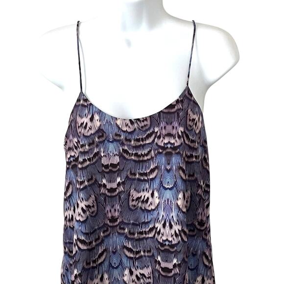 Tibi Slip Dress Women's Size 4 Ibis Drop Waist Rufle Purple Blue Feather Print - Picture 4 of 9